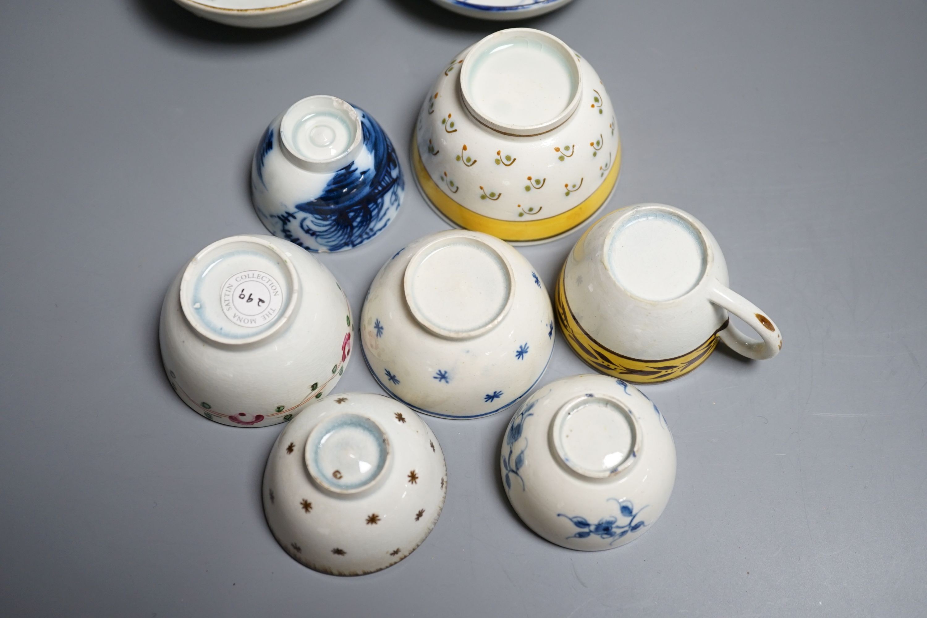 Six pearlware miniature tea bowls and saucers, c.1790-1800 and a similar cup and saucer, c.1810. Provenance - Mona Sattin collection of miniature cups and saucers, collection no.s 273, 276, 281-285.